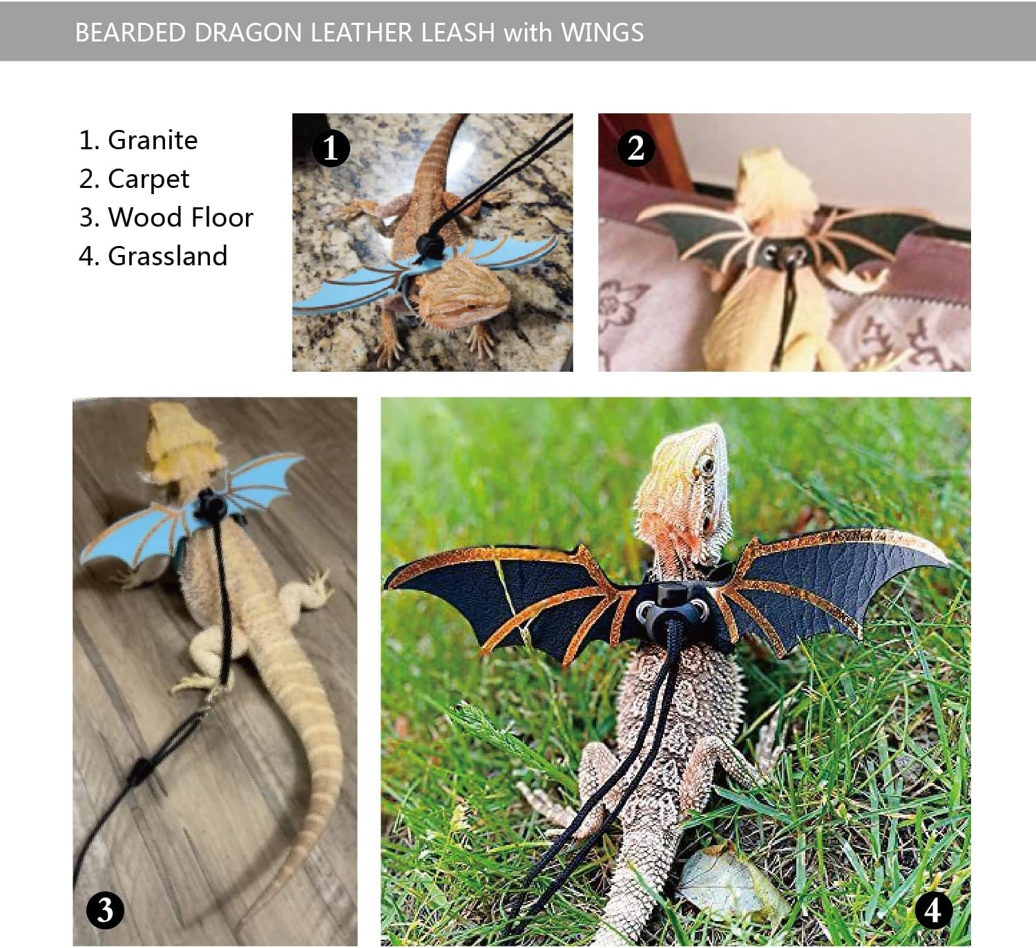 Bearded Dragon Leash and Harness Set, Beardie Carrier, Lizard Adjustable Harness with Leather Wings and Sling Bag, Reptile Small Pet Backpack Batwing Accessories (Leopard Pattern) - Grey image number 5