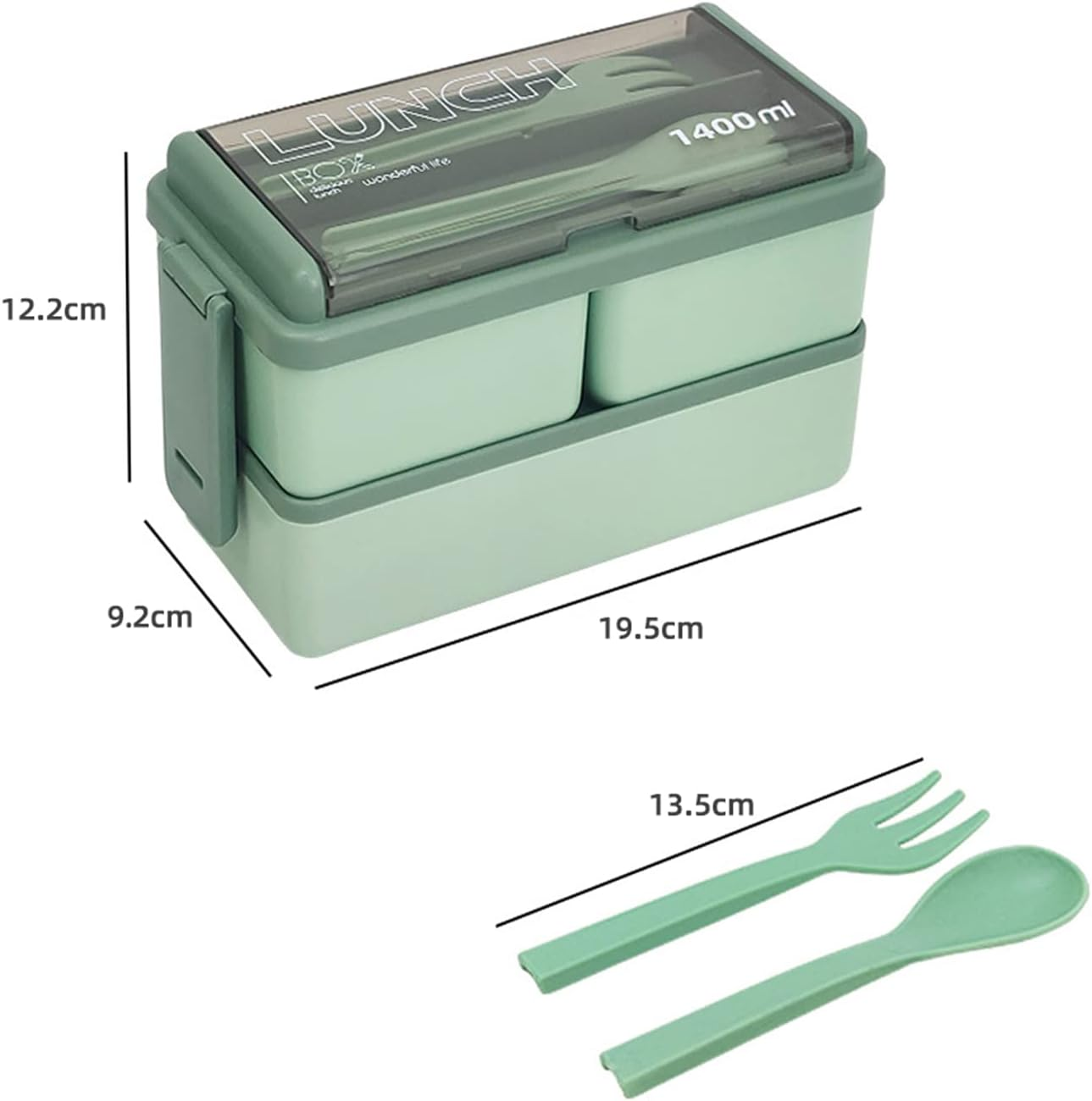 Lychico Lunch Box, 1400Ml Bento Box with Spoon Fork, Stackable 2 Layer 3 Compartments Leak Proof Japanese Lunch Box, Meal Prep Container Box for Adults Kids Students Office Microwave Dishwasher Safe