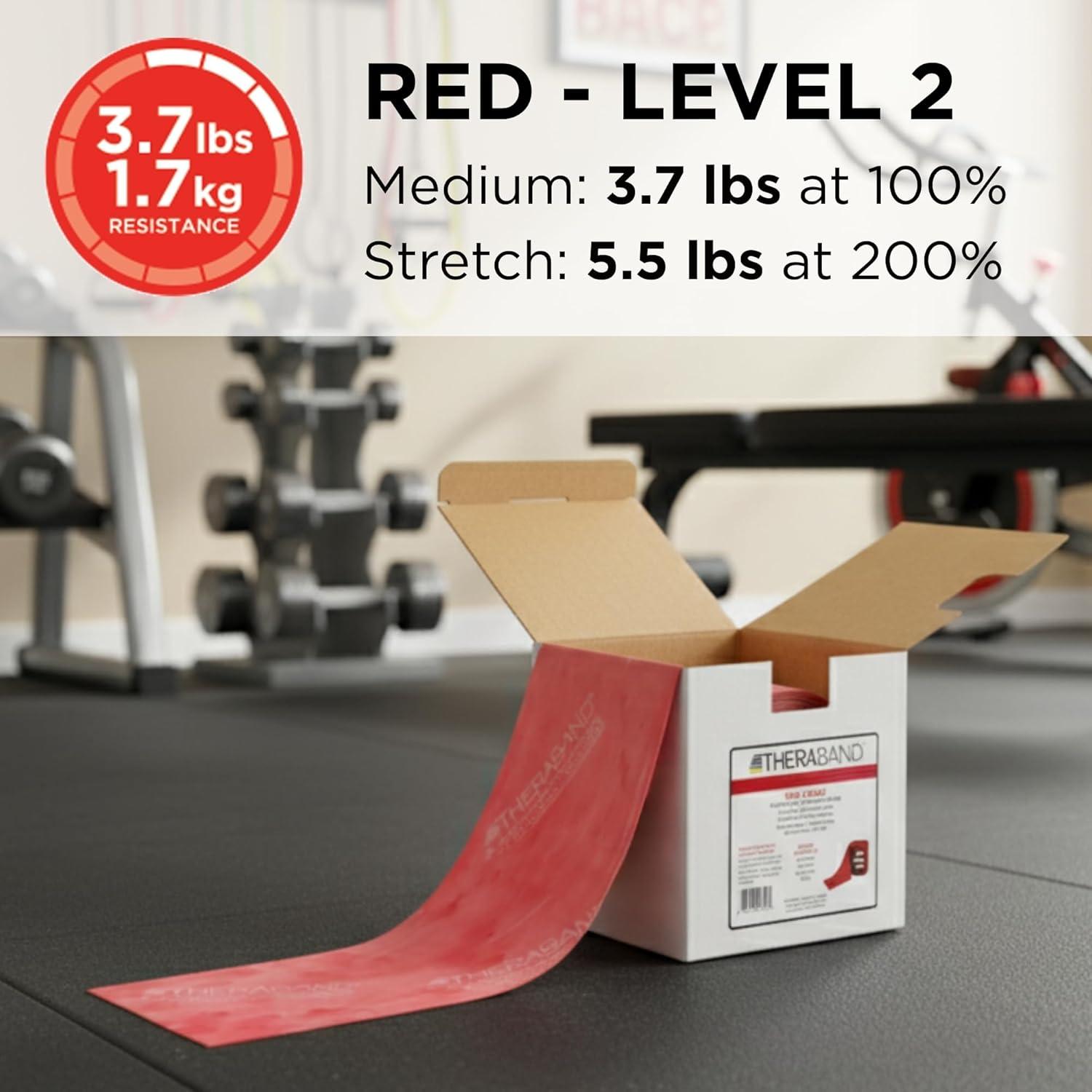Theraband Resistance Band 22M Roll, Medium Red Non-Latex Professional Elastic Bands for Upper & Lower Body Exercise Workouts, Physical Therapy, Pilates, & Rehab, Dispenser Box, Beginner Level 3 image number 6