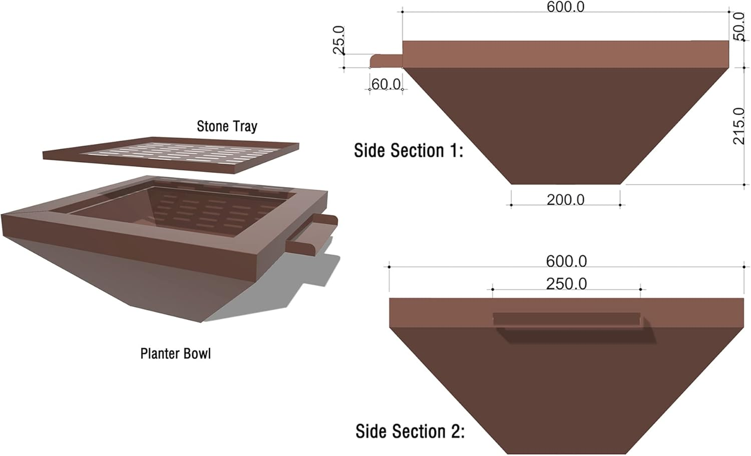 PONDO 24" Square Garden Water Bowl, Stainless Steel Spilling Water Feature for Outdoor Ponds, and Other Landscaped Areas (Antique Brown Coated) image number 5
