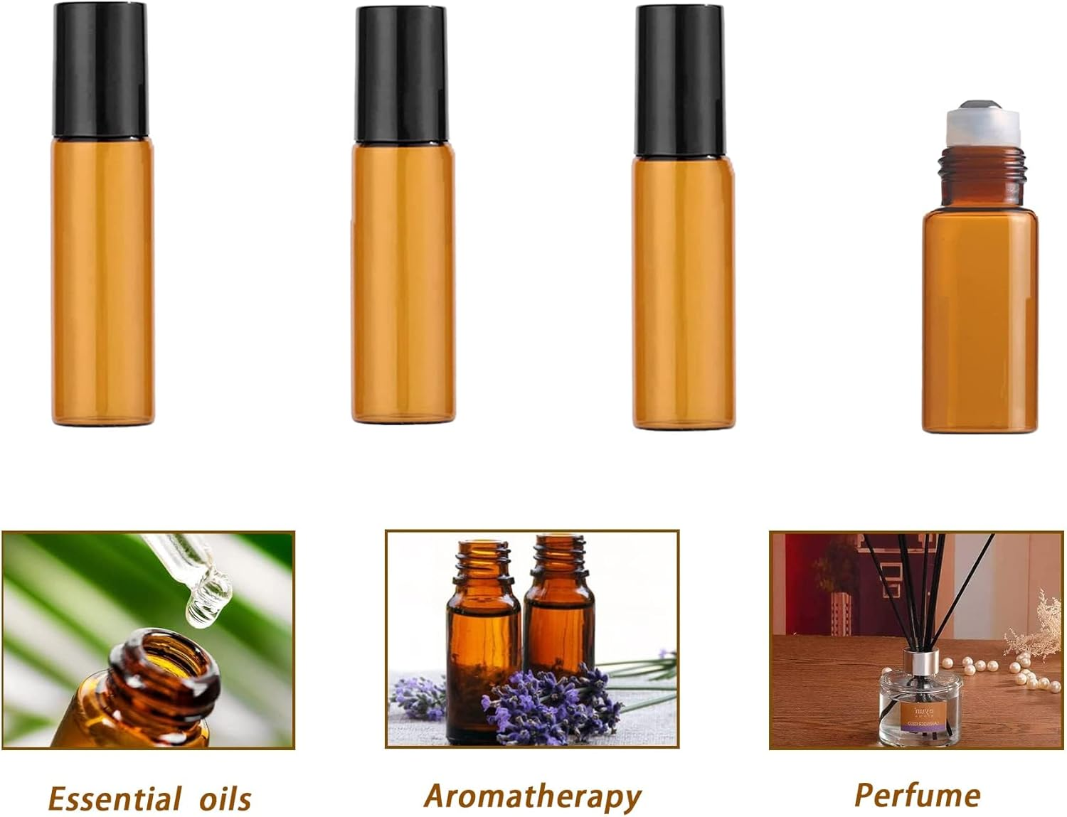 Dreamaug 4Pcs 5Ml Amber Glass Roller Bottles with Black Metal Roller Balls - Empty Essential Oil Roll-On Bottles for Aromatherapy, Perfumes, and Massage