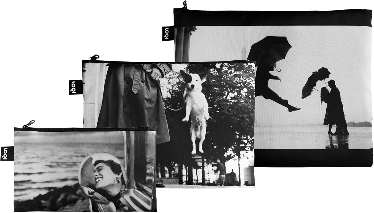 Elliott Erwitt Eiffel Tower, Dog Jumping and California Kiss Zip Pockets, Black, S, Cosmetic Bag