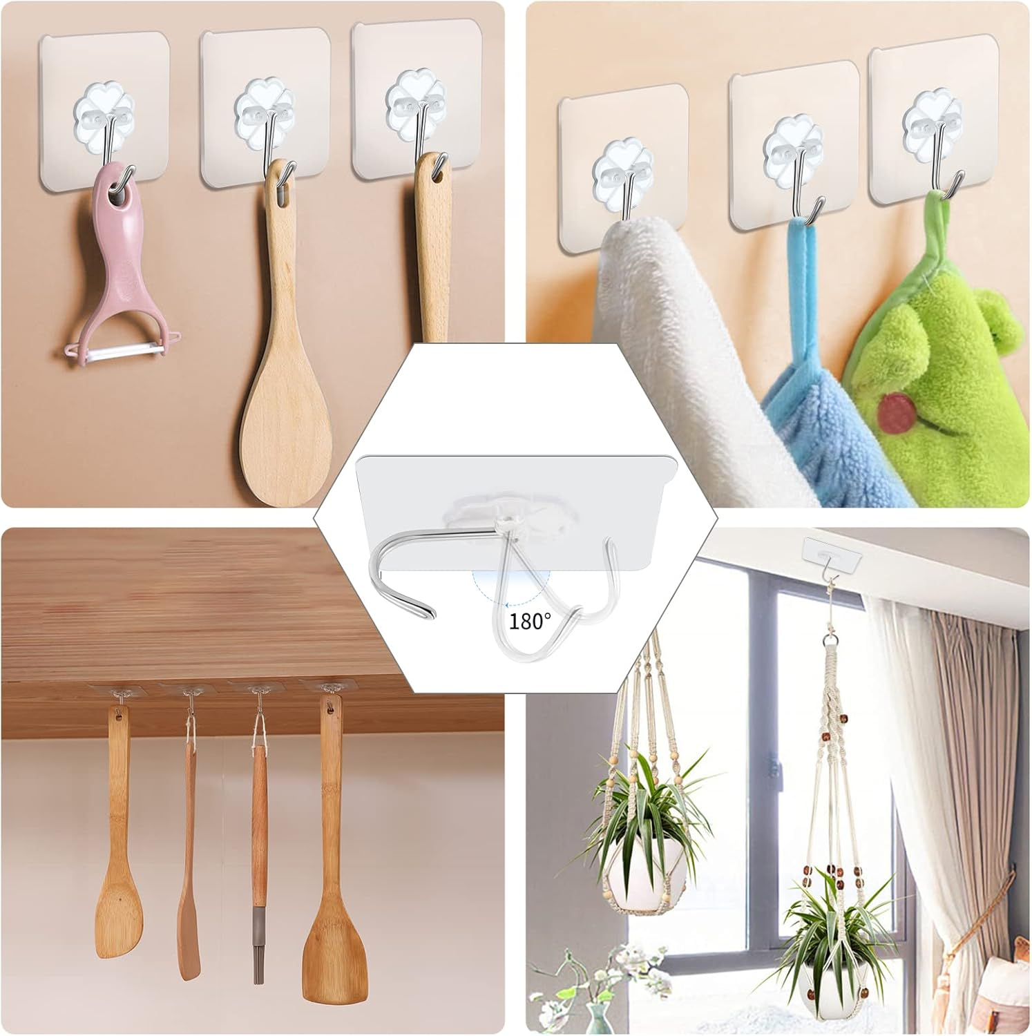 20 Packs Self Adhesive Wall Hooks Heavy Duty 22Lb(Max), Waterproof Transparent Wall Hooks for Hanging Sticky Hooks Wall Hangers for Door Bathroom Shower Kitchen Outdoor Utility Hooks Hanger image number 3