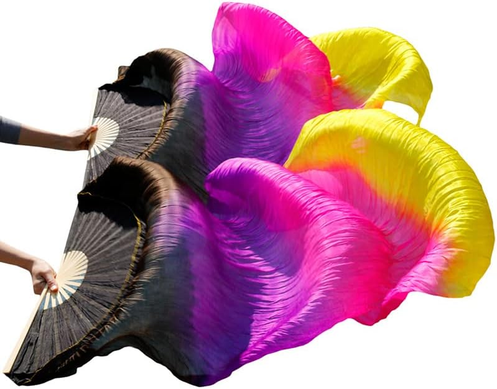 Belly Dance Faux Silk Veil Fans, 1 Pair (Left+Right) Faux Silk Bamboo Long Fans Veils, Handmade Belly Dance Dancing Silk Fans, Dance Performance