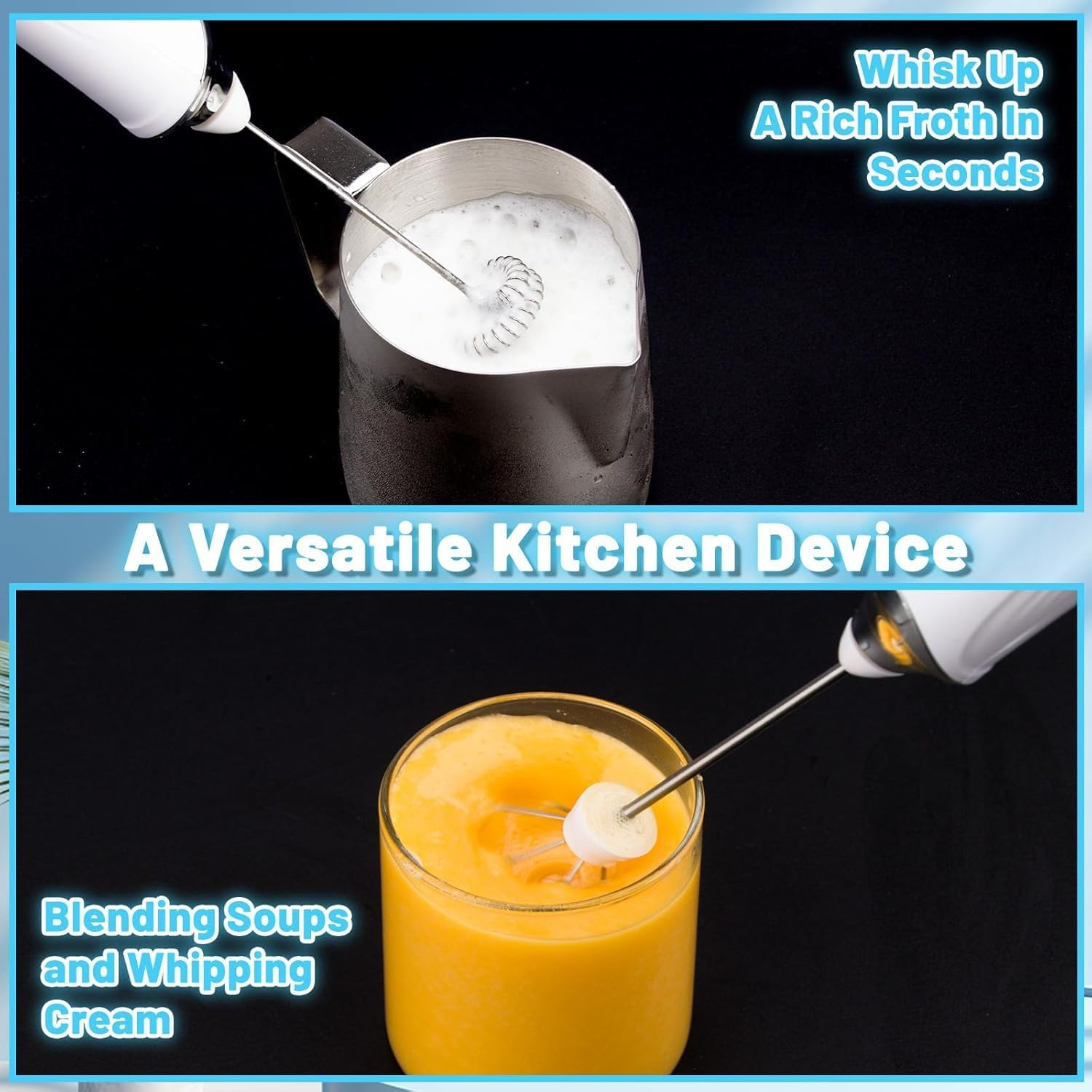 Rechargeable Milk Frother Handheld Foam Maker with 2 Stainless Whisk for Coffee, Cappuccino, Latte, Keto Diet, Protein Powder, Matcha, and Protein Shakes, Black (White) image number 5