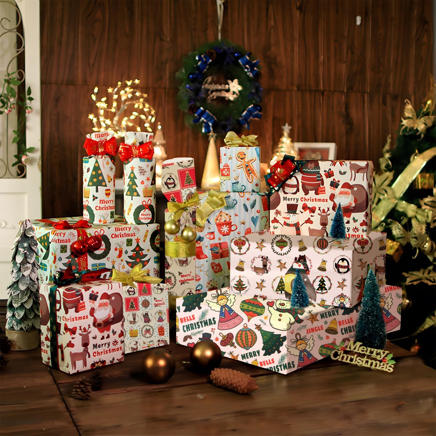 MAMUNU Christmas Wrapping Paper Sheets, Cute Pink Xmas Kraft Gift Wrapping Paper for Kids Girls Women, Assorted 6 Designs Classic Wrap Paper Set for Christmas New Year Holiday, 20 &times; 28 Inch - Brown And Red image number 2