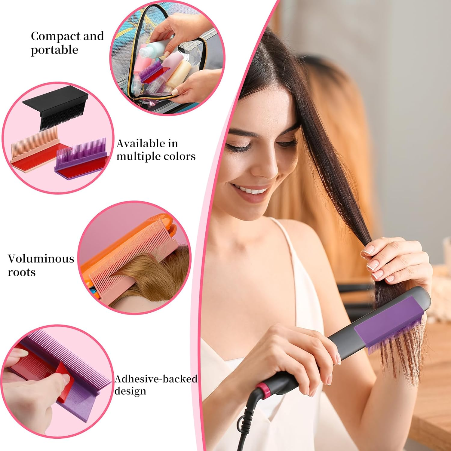 6Pcs Straightener Comb, Hair Straightening Comb Attachment for Flat Iron with 3 Color, for Black Hair Silk Press Home Travel Use (Purple, Pink, Black) image number 6