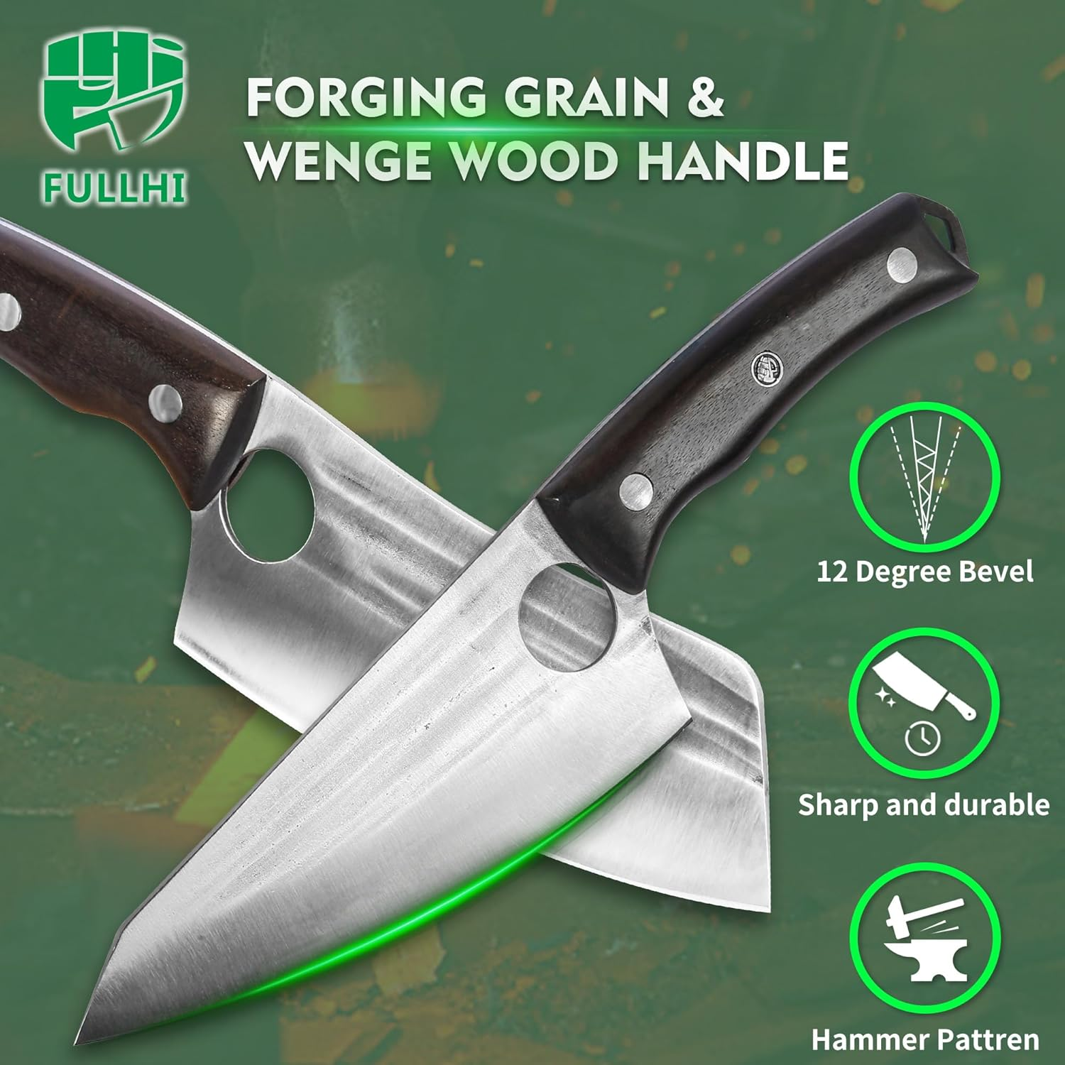 FULLHI 6PCS Butcher Knife Set with Sheath Hand Forged Chef Knife Boning Knife, High Carbon Steel Meat Cutting Knife for Kitchen Camping BBQ image number 3