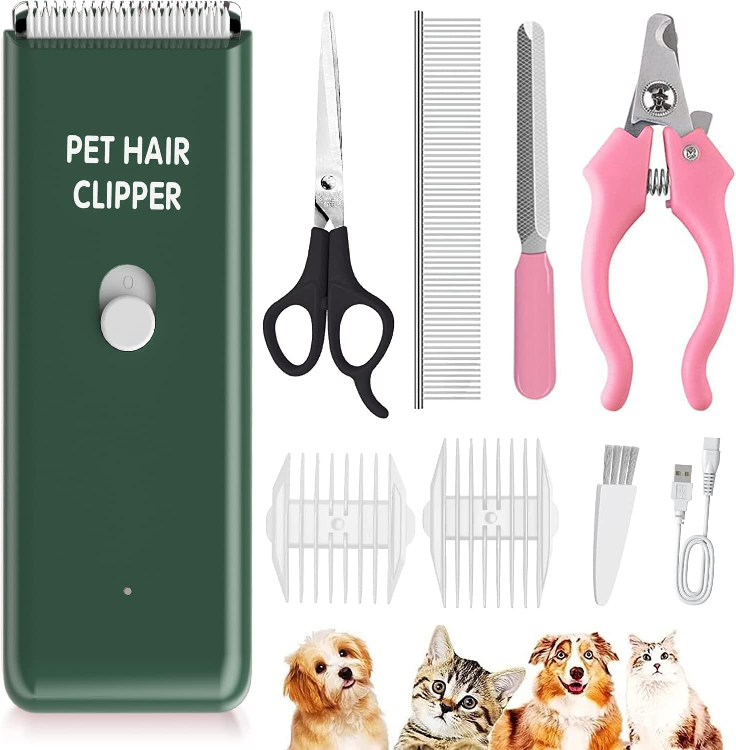 ENSSU Dog Grooming Kit Dog Clippers Set for Thick/Heavy Hairs,Waterproof Cat Clippers Rechargeable Pet Shavers Trimmer Set for Puppy, Rabbits, Cats,Green image number 6