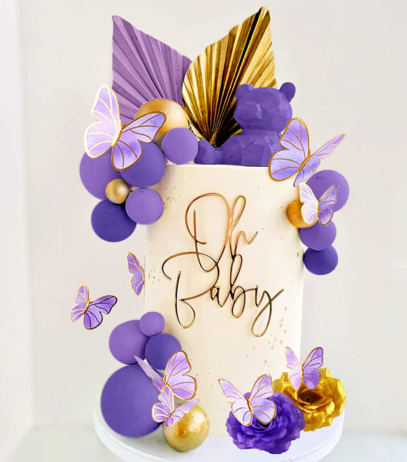 Jevenis Purple Cake Decorations Rose Cake Decoration Purple Butterfly Cake Decoration Palm Leaves Cake Decoration Balls Cake Decoration Wedding Cake Decoration Disco Cake Decor image number 2