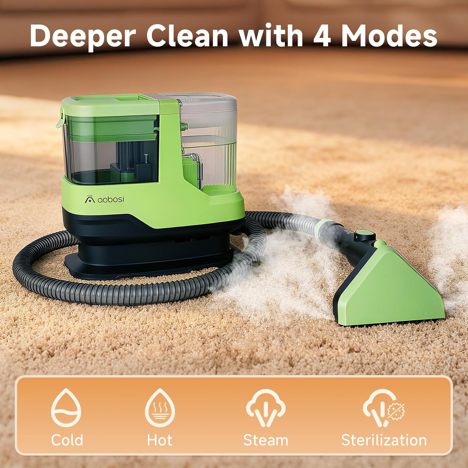 AAOBOSI 1800W Carpet and Upholstery Cleaner, Stain and Spot Remover with 17Kpa Suction, Self-Cleaning Function, 4 Cleaning Tools, Deep Cleaning for Pet Messes, Carpets, Rugs, Couch & Car, Green image number 4