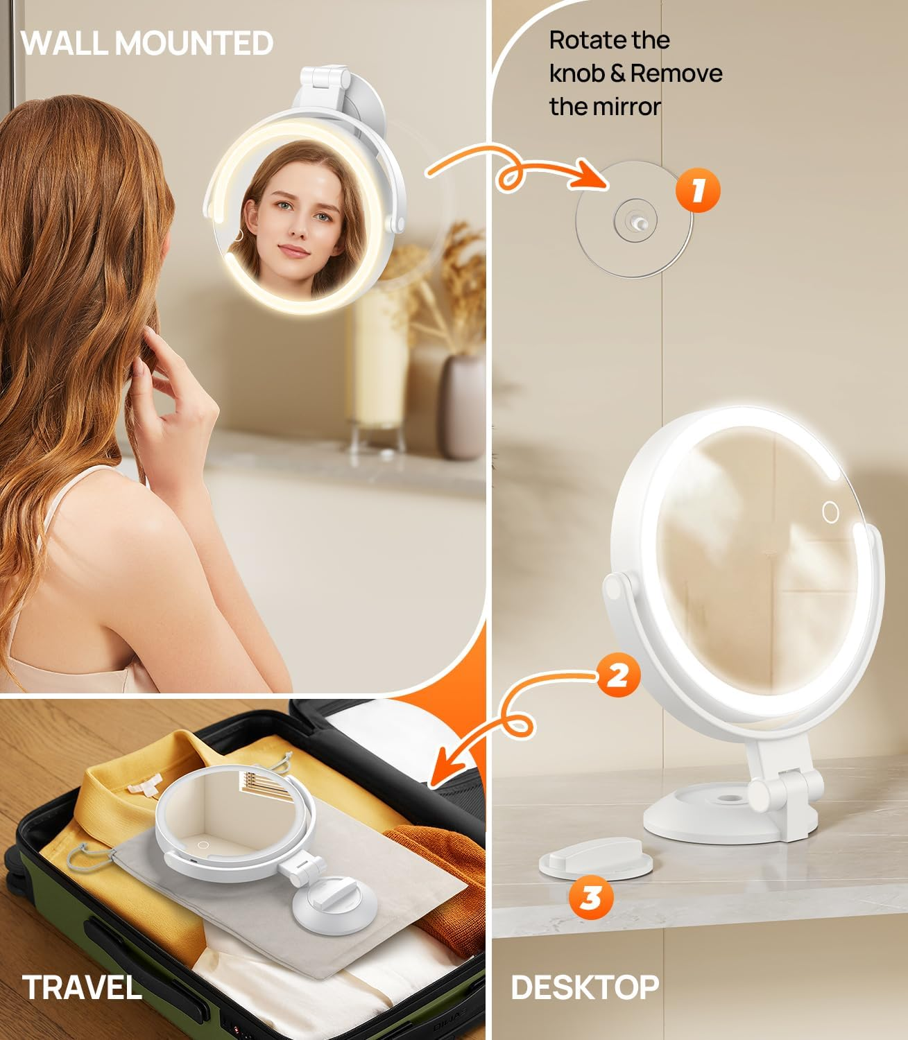 Gospire 7" Wall Mounted Makeup Mirror with Lights and Magnification 10X, 3 Color Lighted Bathroom Mirror with Powerful Locking Suction Cup, Shaving Mirror for Men, Led Mirror for Desk - White image number 2