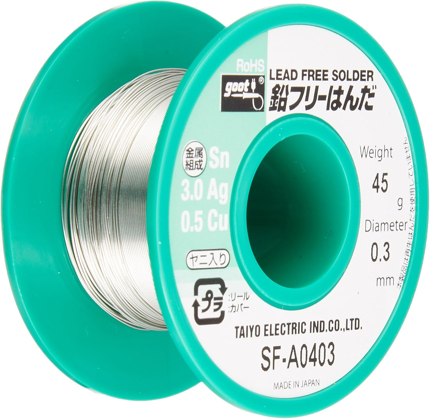 Taiyo Electric SF-A0403 Lead Free Solder, 0.01 Inch (0.3 Mm), 96.5% Tin, 3.0% Silver, 0.5% Copper, 0.5 Oz (45 G), Reel Winding image number 1