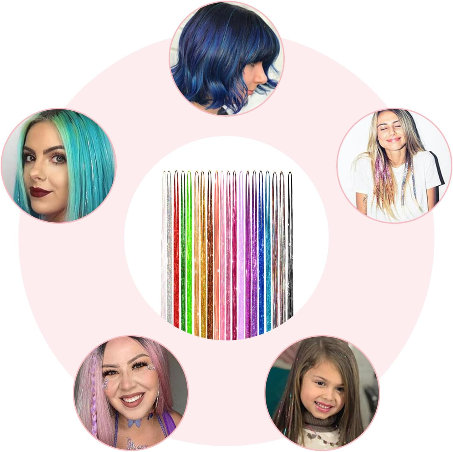 VEGCOO Coloured Hair Extensions 4400 Strands, Hair Tinsel Kit 20 Colors with Tools, Glitter Synthetic Straight Hair Extension Clips Party Highlights Hair Accessories for Kids Girls Women image number 4