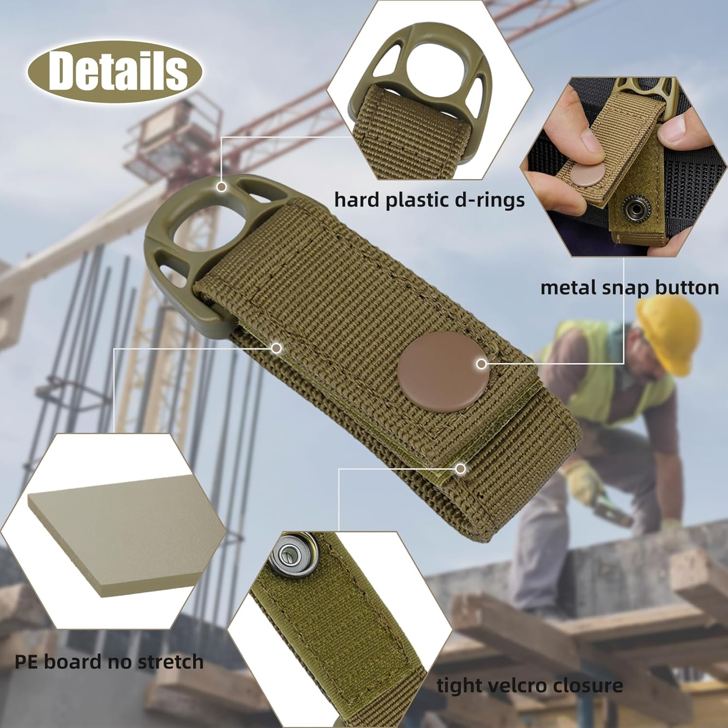 KUNN Nylon Duty Belt Keeper with Hook and Loop Snap,Belt Keepers for 2.25" Duty Belt, Tool Belt Accessories with Suspender Loops Attachment, 4 Pcs - Khaki image number 2