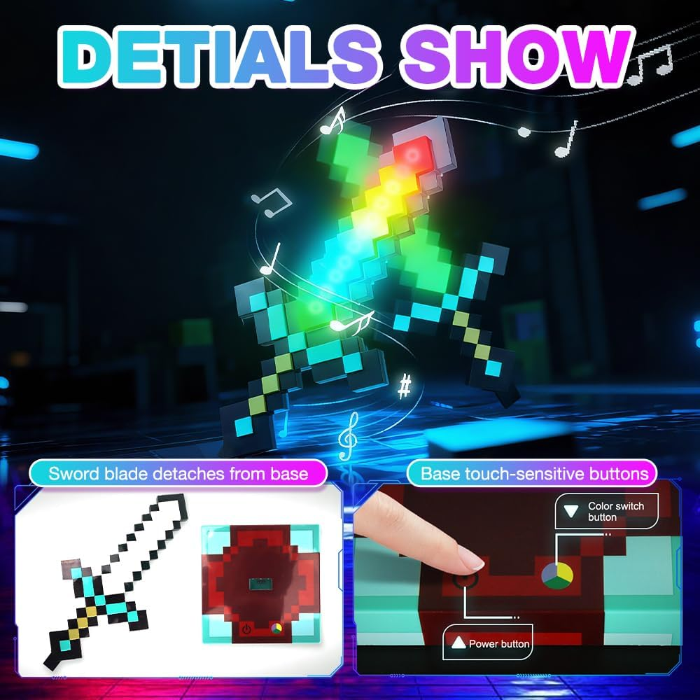 SGZIOO Diamond Sword Lamp Carft, 13 Night Light Lamp for Gaming with Sword Aura Sound Effects, Diamond Sword Toy, USB Rechargeable for Bedside Lamp with Base, DIY Gifts for Children image number 4