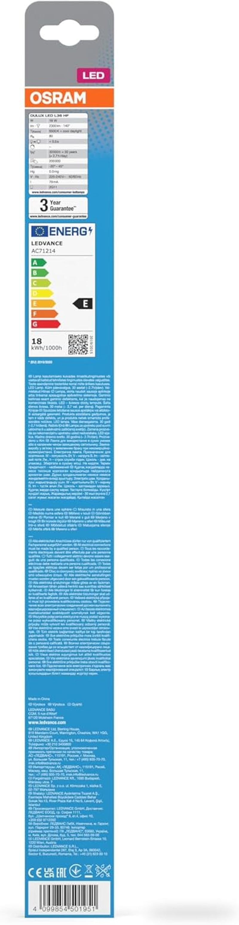 OSRAM DULUX LED Tube L36 2G11 18W Cool White 2300LM IP20 Compact Fluorescent Replacement for EVG Lights 4 Pin Base White Glass 44Mm image number 2