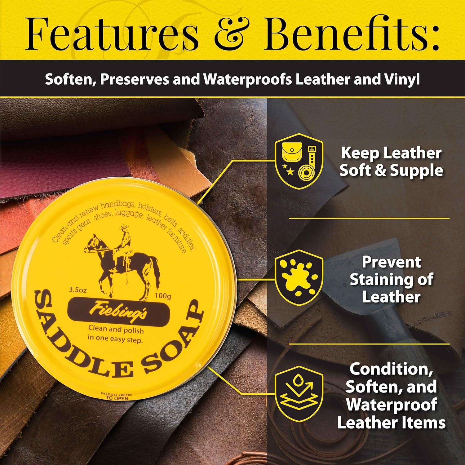 Fiebing'S Yellow Saddle Soap for Leather (3.5 Oz Tin) - Leather Cleaner & Conditioner to Soften, Protect & Restore Leathercraft - Leather Soap for Car Seat, Couch, Shoe, Purse, Boot, Bag image number 6