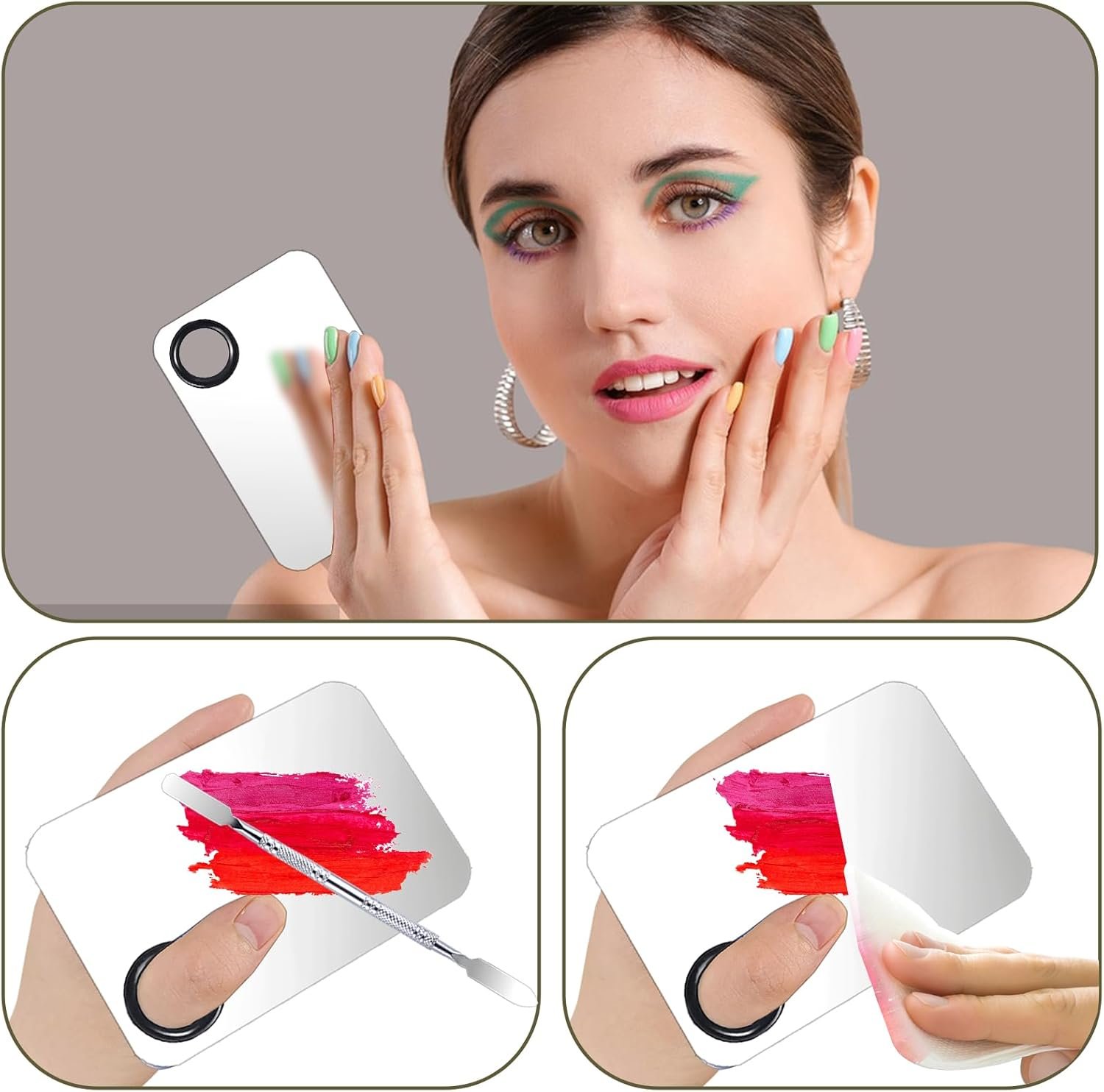 2 Set Makeup Mixing Palette,Stainless Steel Makeup Palette with Spatula Professional Make up Artist Must Haves Make up Palette,Suitable for Mixing Foundation Make up Eye Shadow and Nail(Silvery）