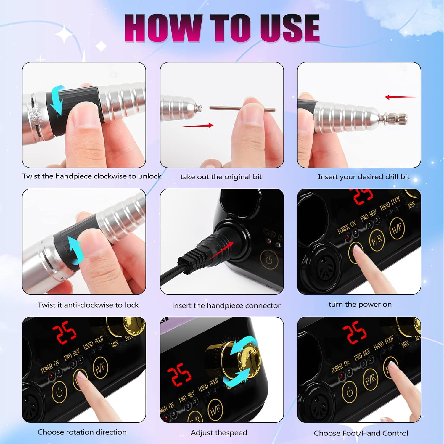 ANGNYA Nail Cutter 35000 Rpm Professional Nail File 6 in 1 Hand and Foot Care Device Manicure Pedicure Set for Gel Nails Acrylic Nails Callus Removal Nail Salon image number 4