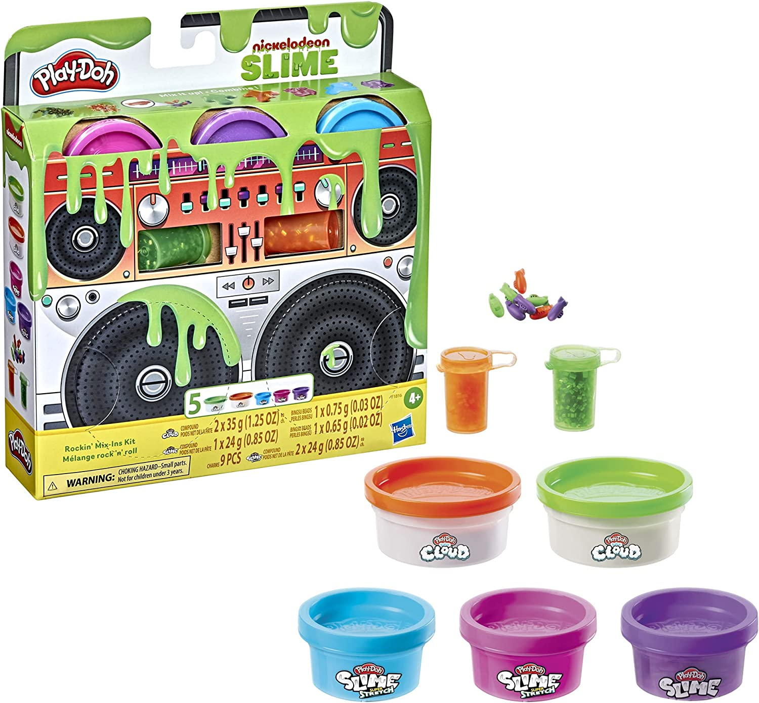 Play-Doh Nickelodeon Slime Rockin' Mix-Ins Kit for Kids 4 Years and up with 5 Colors and 3 Mix-In Bead Varieties, Non-Toxic image number 2