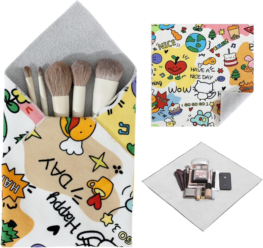 Self-Adhesive Magic Cloth Makeup Bag, Multi-Functional Cosmetic Bag, Portable Make up Wrap for Travel, Open Lay Flat Cosmetic Pouch Storage Organizer for Skincare & Makeup Accessories (Cute, 55 * 55)