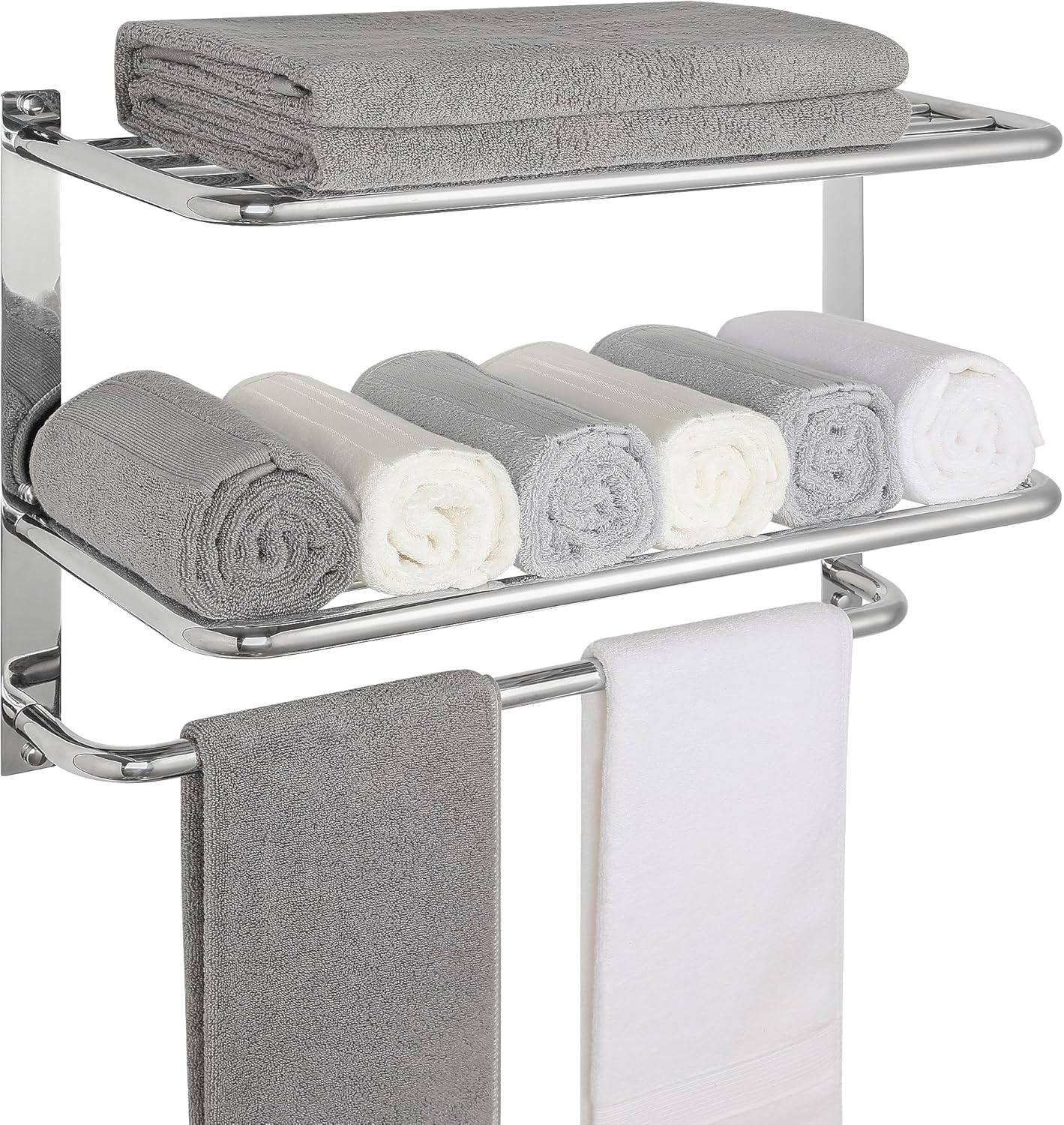 Towel Rack for Bathroom, DEWVIE 22 Inch Tower Holder with Tower Bars, SUS 304 Stainless Steel Lavatory Bath Towel Shelf Towel Hanger Wall Mount, 3-Tier (Brushed Nickel)