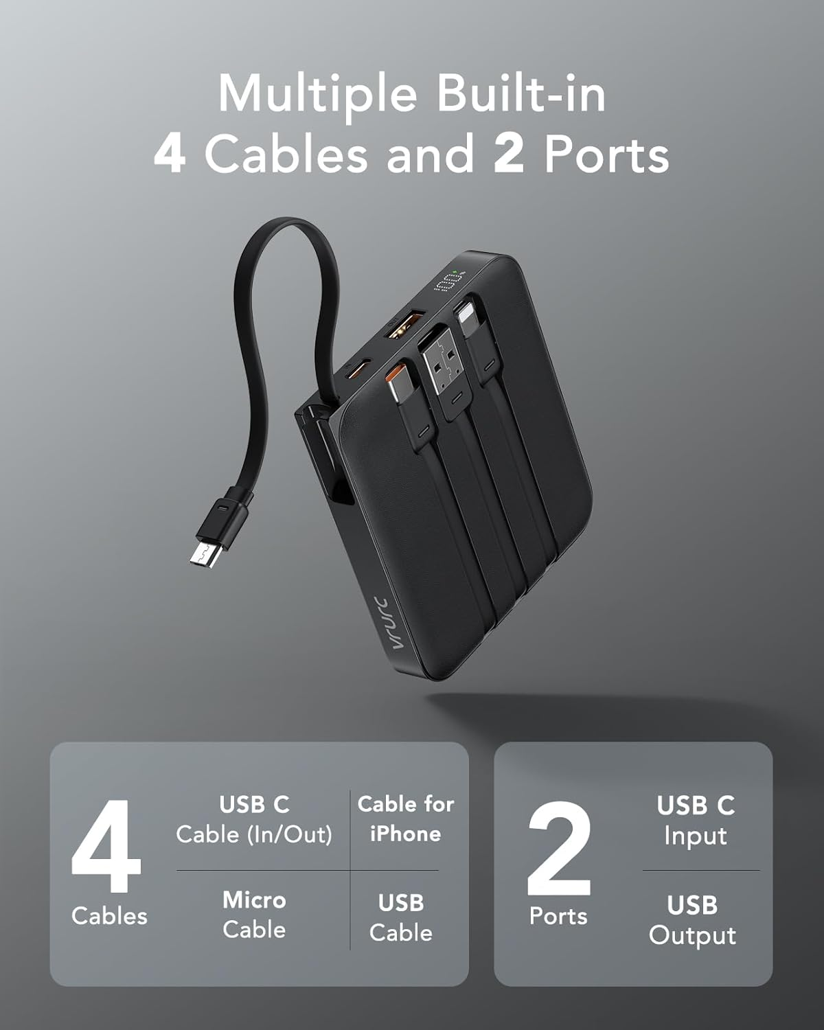 Portable Charger with Built in Cables, 22.5W Fast Charging for Iphone, 10000Mah Battery Pack Cell Phone Power Bank for Iphone 16 15 14 Samsung Galaxy S24 S23 Android Tablet, Black image number 1