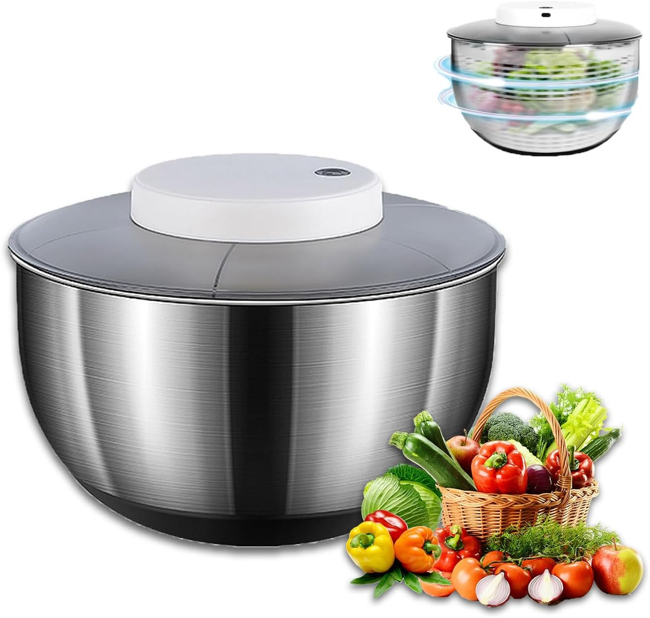 Salad Spinner, Stainless Steel Electric Vegetable Washer Dryer 4.5L Large Capacity Lettuce Spinner with Drainage Basket Salad Dryer Mixer for Vegetables, Herbs, Berries image number 1