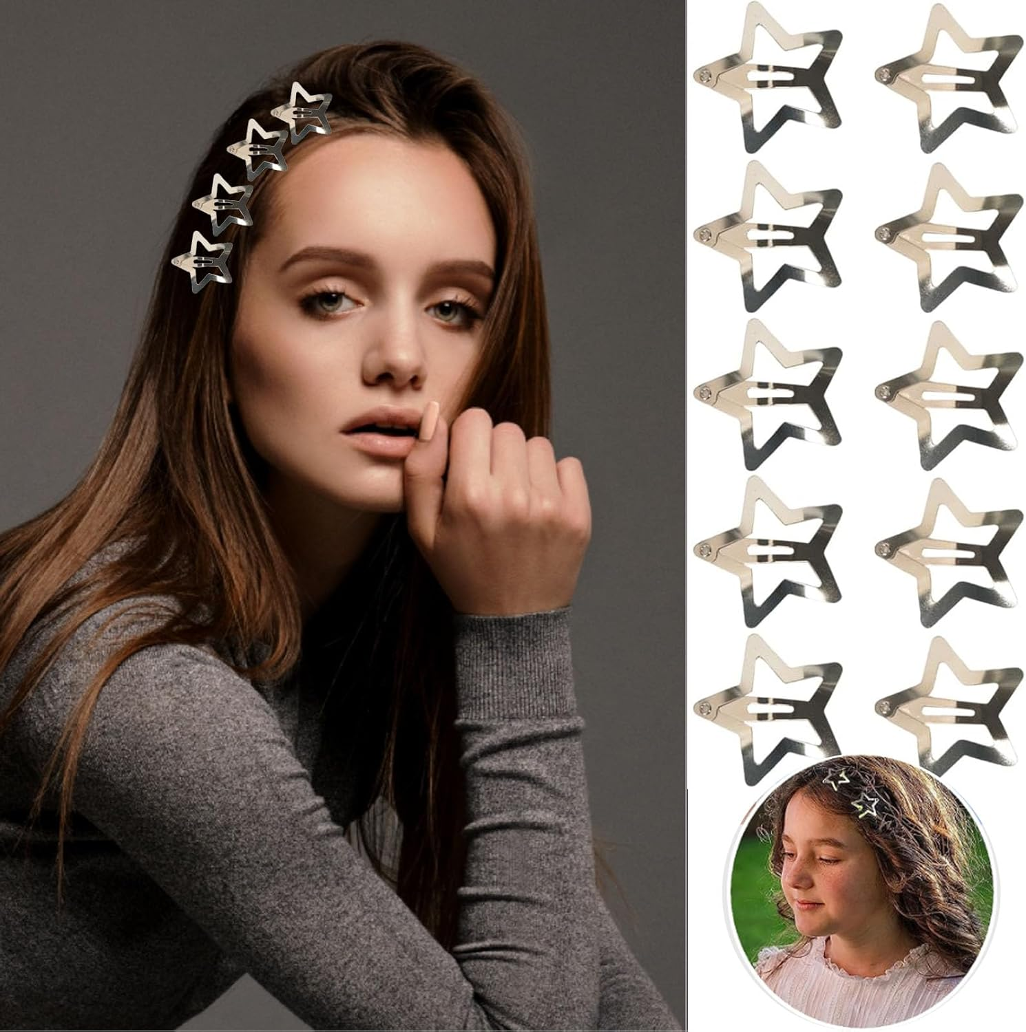 Rabbfit Star Hair Clips, Y2K Hair Clips for Girls, Hair Clips, Headwear, Non-Slip Metal Star Hair Accessories for Women and Girls, Silver, Pack of 10