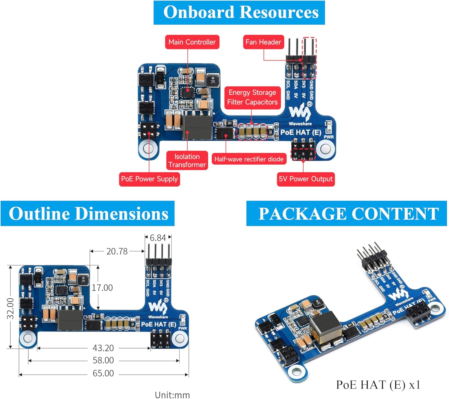 Waveshare Poe HAT E for Raspberry Pi 4B/3B+, Power over Ethernet (Poe) Support 802.3Af, Compatible with Raspberry Pi Official Case, Support Connecting Cooling Fan image number 2