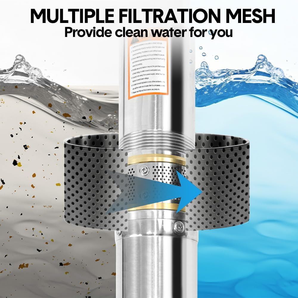 1.5HP 1100W Submersible Bore Pump 240V Deep Well Water Pump Borehole Water Pump Stainless Steel Max Head 60M for Industrial Irrigation Livestock Home Use image number 4