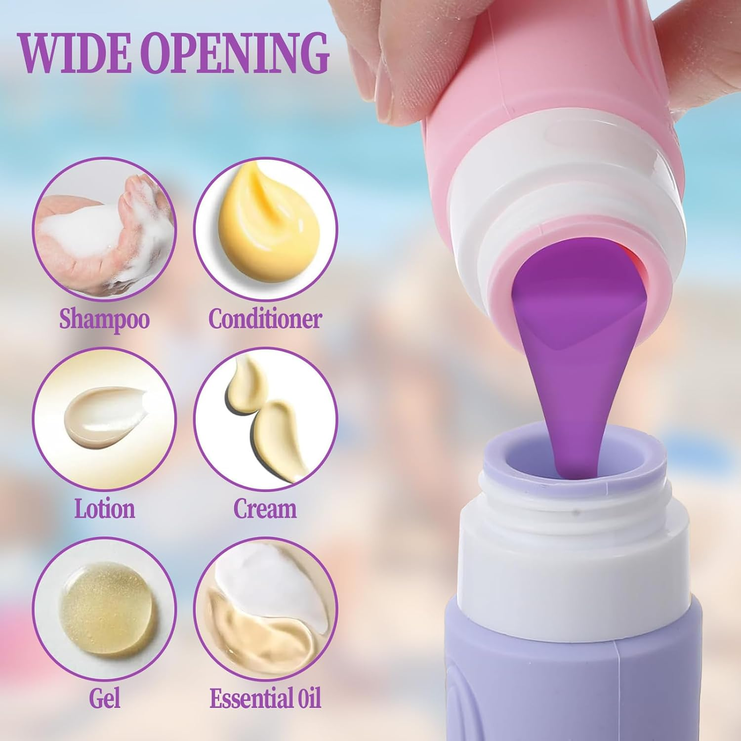 Travel Bottles for Toiletries, 90Ml Portable Travel Bottles with Clear Zipper Toiletry Bag, Reusable Squeezable Bpa-Free Silicone Containers for Shampoo, Conditioner, Lotion, Travel Essentials(Purple)