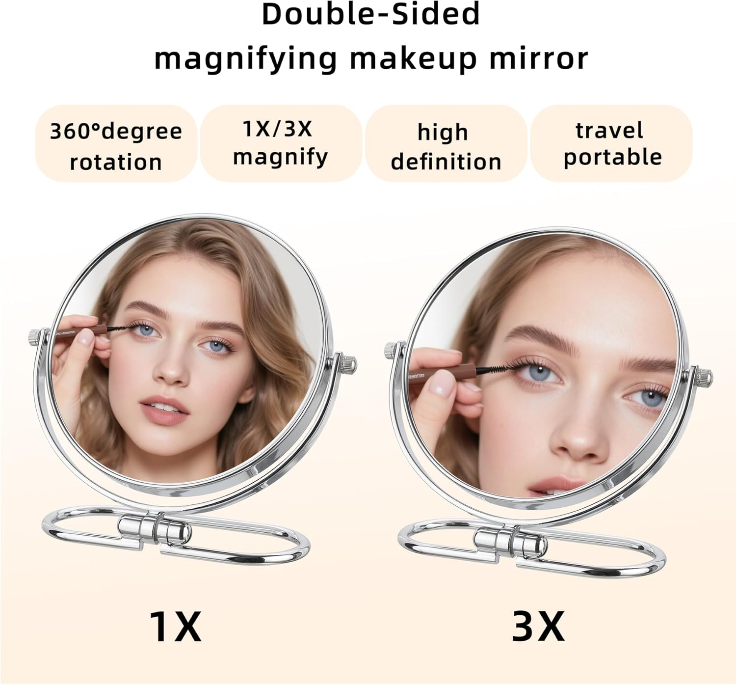 Portable Folding Travel Makeup Mirror,1X/3X Magnifying Vanity Mirror,Double-Sided 360&deg; Swivel,Handheld & Wall Hanging Metal Mirror for Home and On-The-Go Use,No Light (3Inch) image number 6