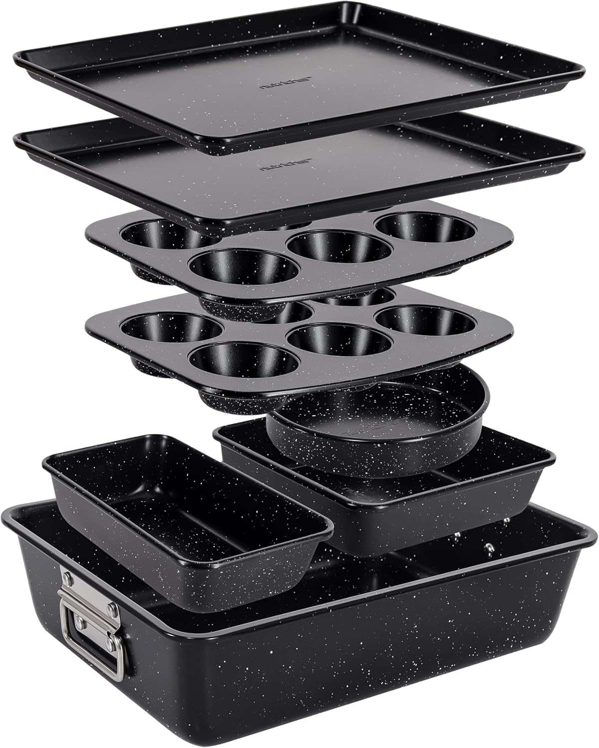 Nutrichef 8-Piece Stackable Bakeware Set, Carbon Steel Non-Stick Baking Pan Set, Includes Sheet, Muffin, Round, Loaf, Square Cake & Deep Pans, PFOA & PFOS Free, Oven Safe to 232&deg; F (Marble Cream)