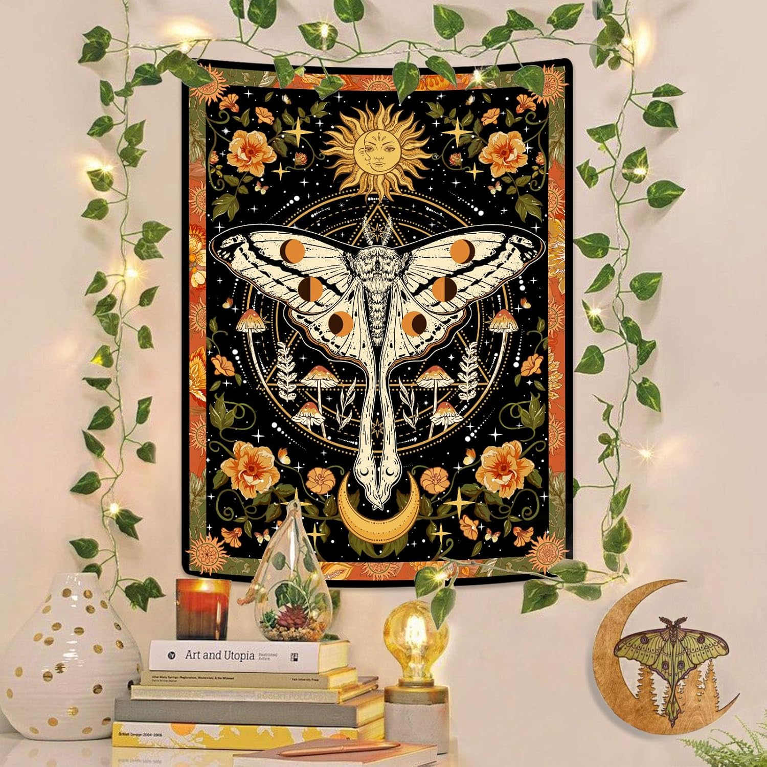 Aipon Orange Moth Tapestry Boho Retro Floral Flowers Tapestries Aesthetic Vintage Mushroom Tapestry Bedroom Indie Vertical Tapestry Wall Hanging for Living Room Dorm (44.00'' &times; 60.00'', Orange) image number 2