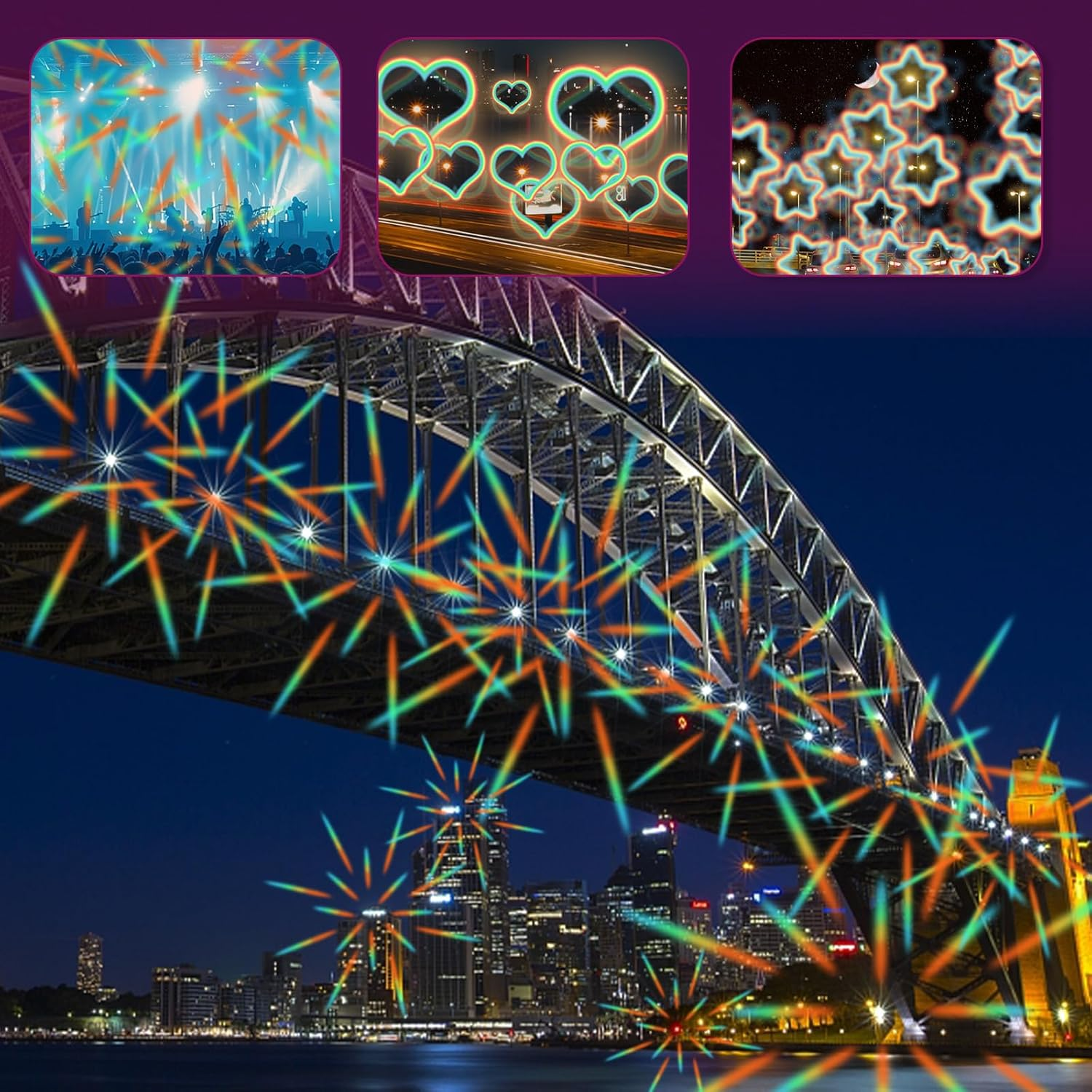 3Pcs Diffraction Glasses, 3D Heart Star Firework Rave Glasses, Party Sunglasses for Fancy Dress Music Concert Club Party Accessories image number 4