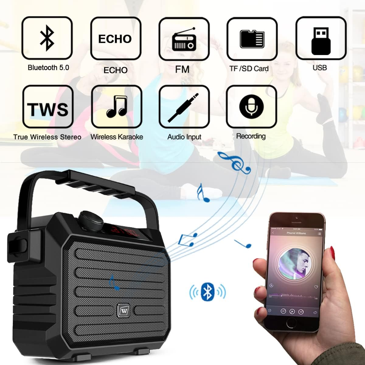 Portable Mini Bluetooth PA System with Wireless Headset Microphone 30W Personal Pa Speaker Rechargeable Voice Amplifier Supports Echo/Fm Radio/Aux-In Mode/Usb Input/Tf Card image number 5