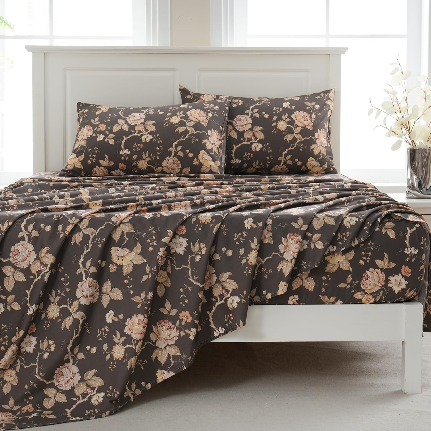 Zusbest Dark Brown Floral Bed Sheets Set - Queen Size Percale Cotton Shabby Rustic Peony Flower Print Bed Sheets - Soft Breathable Mocha Classic Vintage Bedding 4 Pcs Deep Pocket Flower Bed Sheets