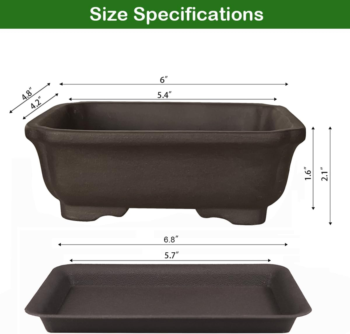 MUZHI 2PACK Unglazed 6&rdquo; Ceramic Bonsai Pot with Humidity Trays, Breathable Handmade Rectangle Bonsai Planter for Starter Bonsai Tree, Juniper,Ficus, Money Tree image number 5