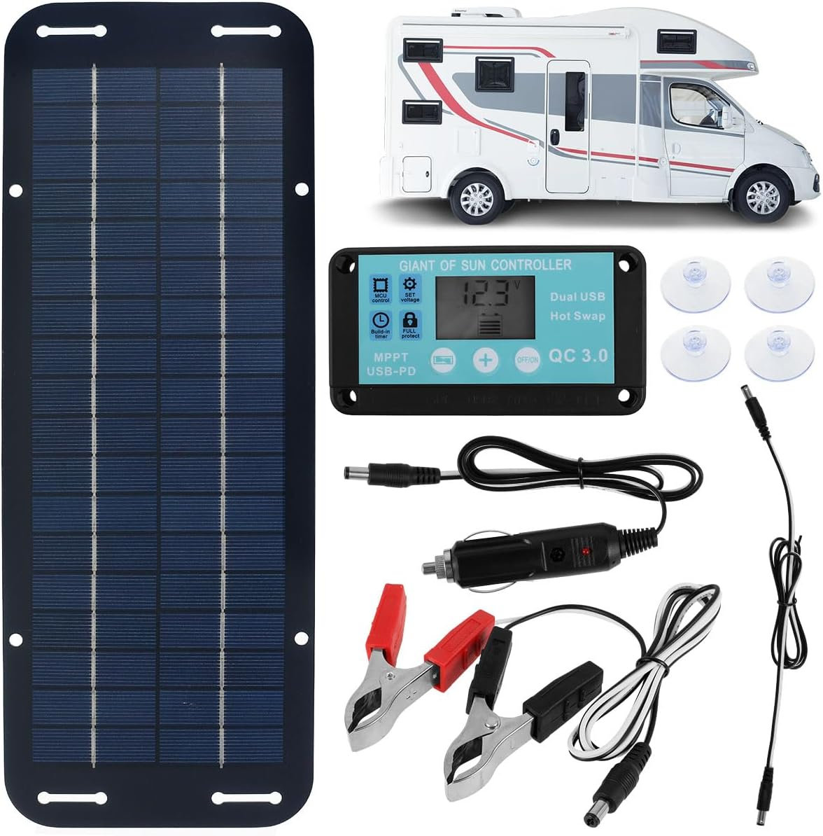 Solar Panel Kit, 12V 30W IP65 Waterproof Trickle Charger, Portable Monocrystalline Solar Powered Battery Charger with Voltage Regulator for Car, RV, Boat, Motorcycle image number 6