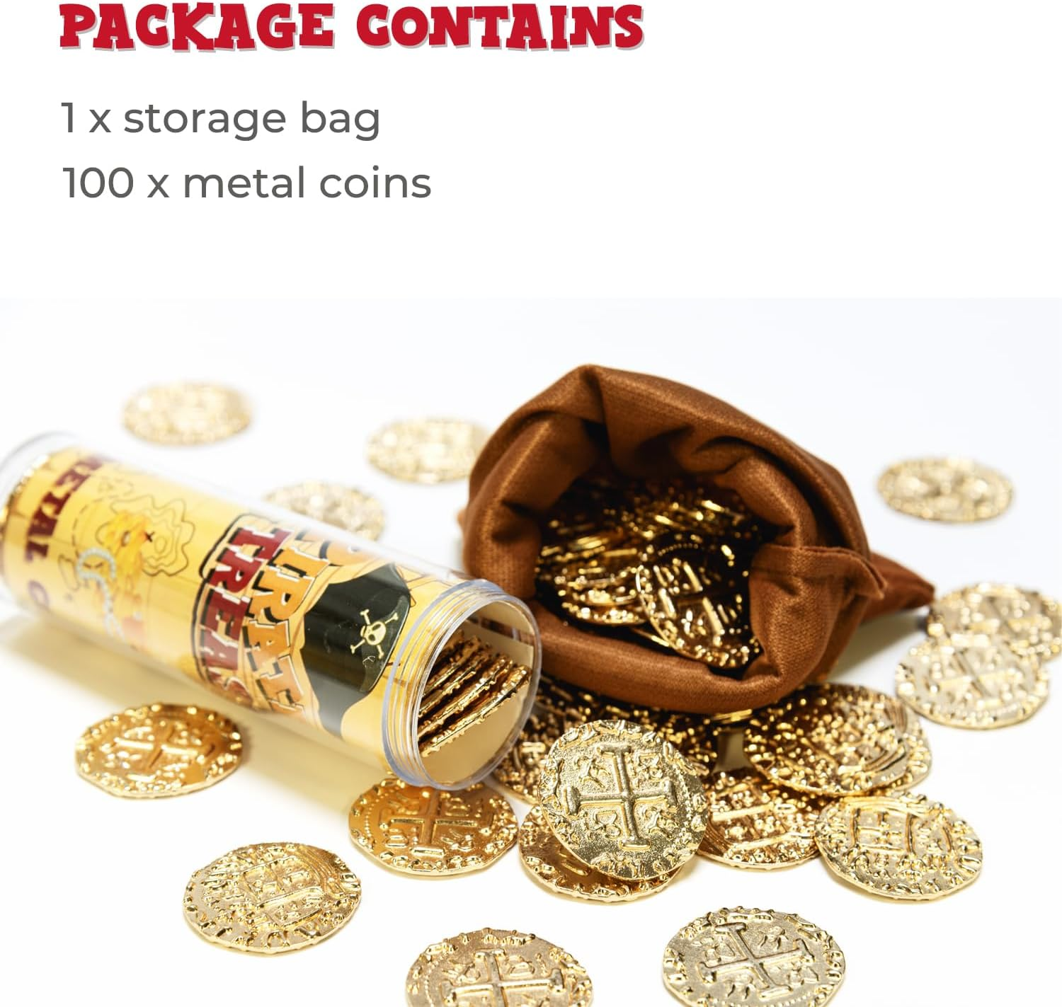 Metal Pirate Coins, Prefdo 100PCS X Large Gold Treasure Coin Set Spanish Doubloon Replicas Fantasy Metal Coins Pirate Gold Coins Tokens for Board Games Pirate Party Cosplay image number 3