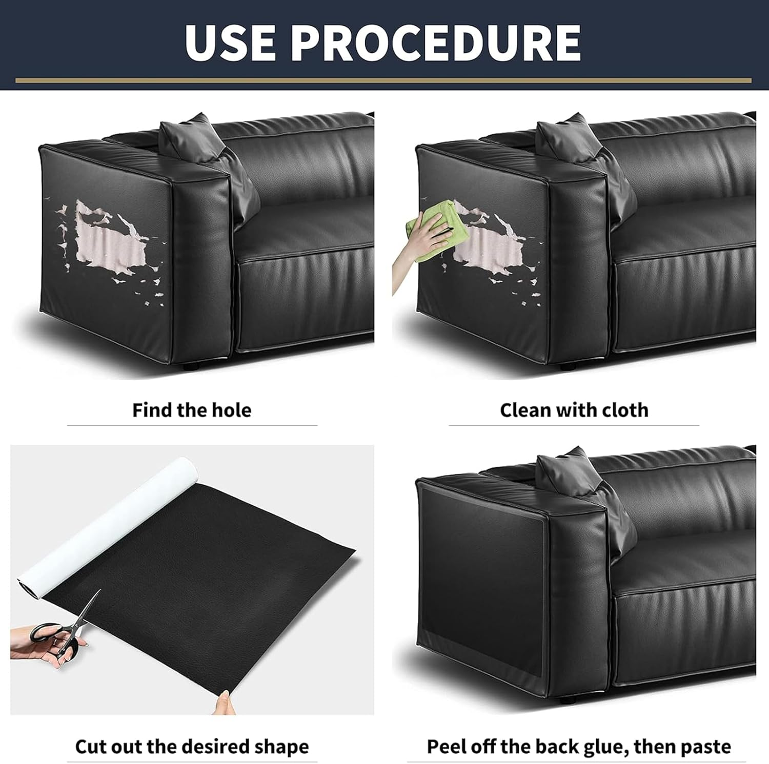 TOJUNE Leather Repair Patch for PU Couches 40 X 150 Cm, Self Adhesive Kit, Waterproof for Sofas, Couch Furniture, Kitchen Cabinets, Car Seats Reupholster (Black) image number 2