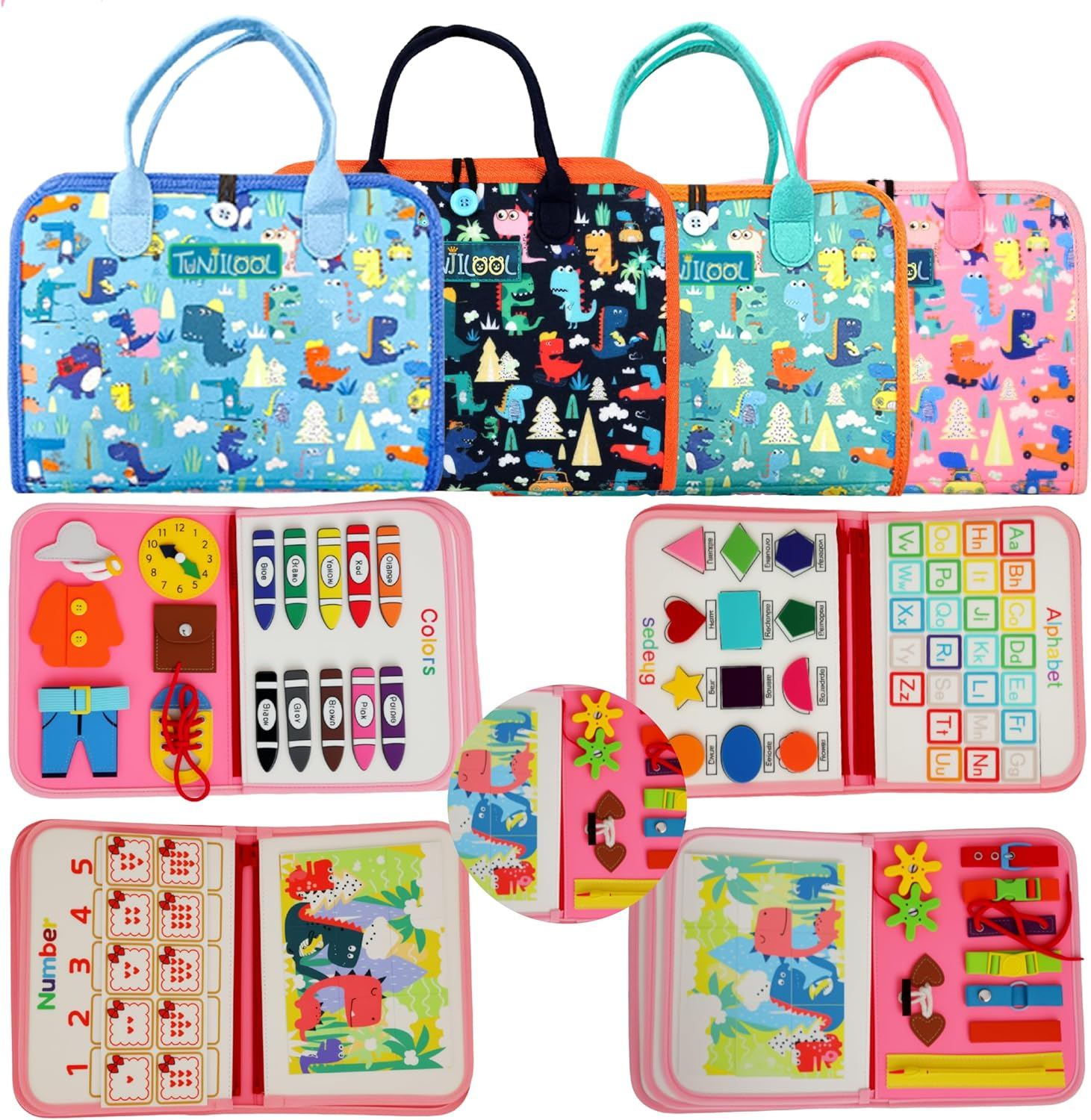 TUNJILOOL Montessori Busy Board - 8-In-1 Sensory Activity Book with Detachable Pages, Travel-Friendly Learning Toy for Fine Motor Skills & Preschool Education image number 5