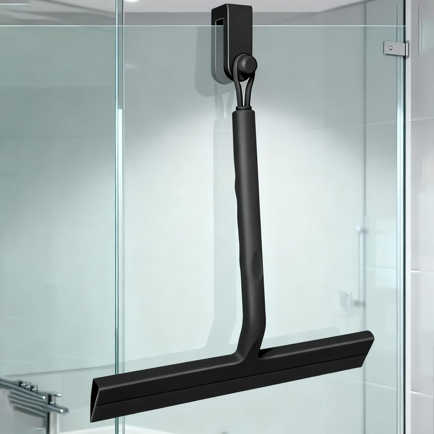 Shower Squeegee with Stainless Steel Core, Silicone Shower Screen Cleaner with 2 Hooks, Black Window Squeegee Scraper with Handle for Home & Car Mirror Glass Doors Screen Windows Cleaning