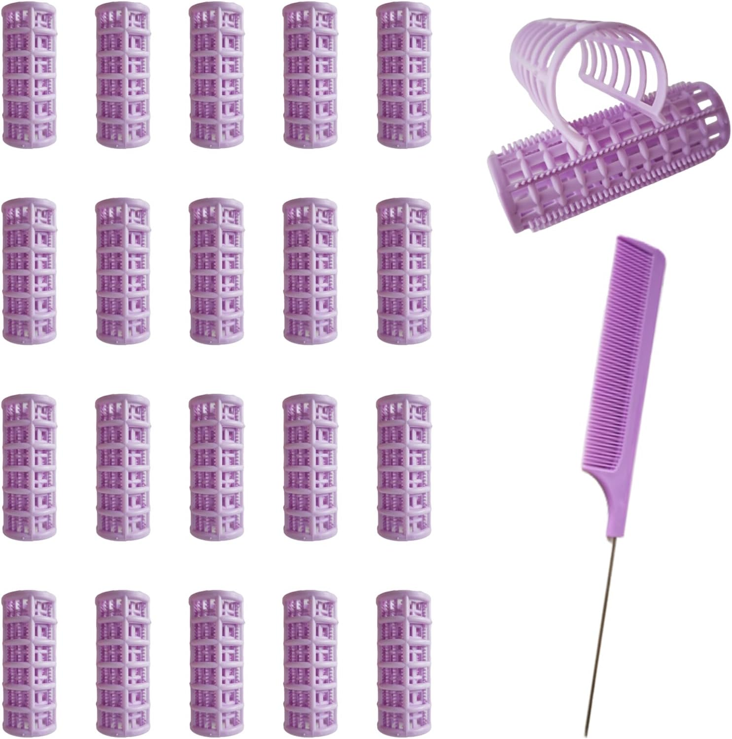 ULIFEBETTER 20 Pack Snap Hair Roller Plastic Hair Rollers Set, 0.98Inch/2.5Cm Heatless Rollers, Snap on Rollers for Fine Thin Hair, Self Grip Roller for DIY Hair Styling and Salon Use(Purple)