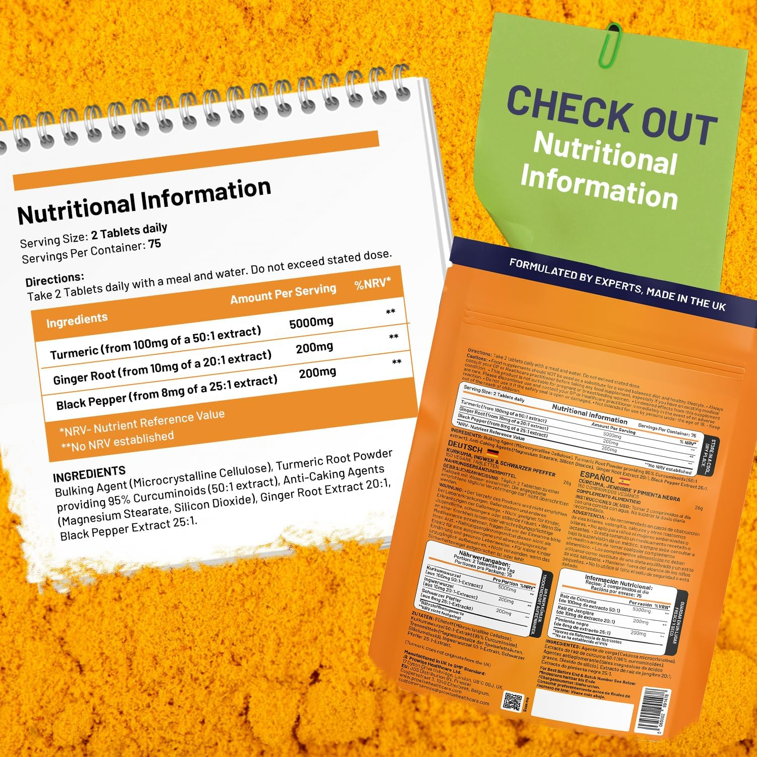 Turmeric Tablets 5400Mg with Black Pepper, Ginger - Turmeric 95% Curcumin Supplements | 150 Easy Swallow Tablets (Not Capsules or Powder) - Letterbox Friendly - Made in UK - Prowise image number 4