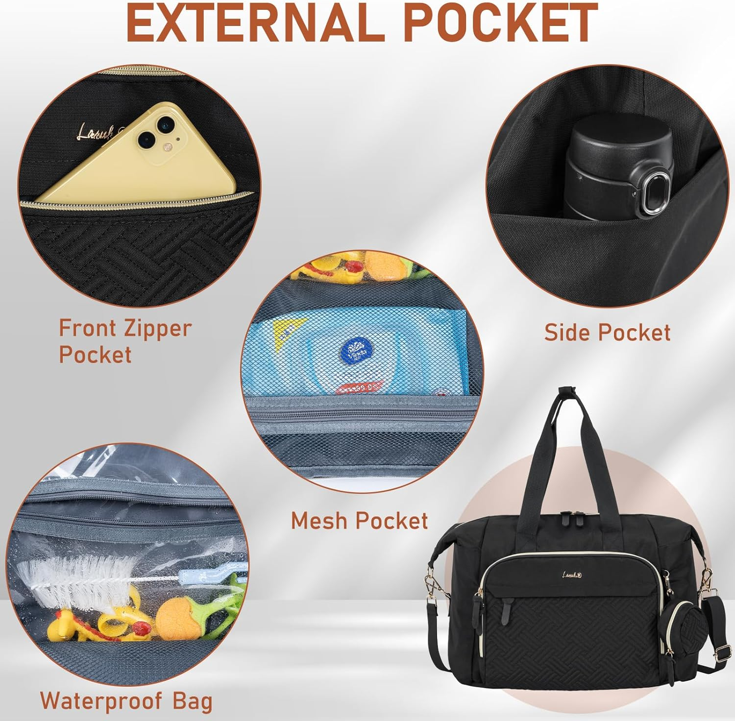 7Pcs Diaper Bag Tote, Large Mommy Travel Diaper, Baby Diaper Tote Bag for Mom Hospital Bags Baby Bag, Black