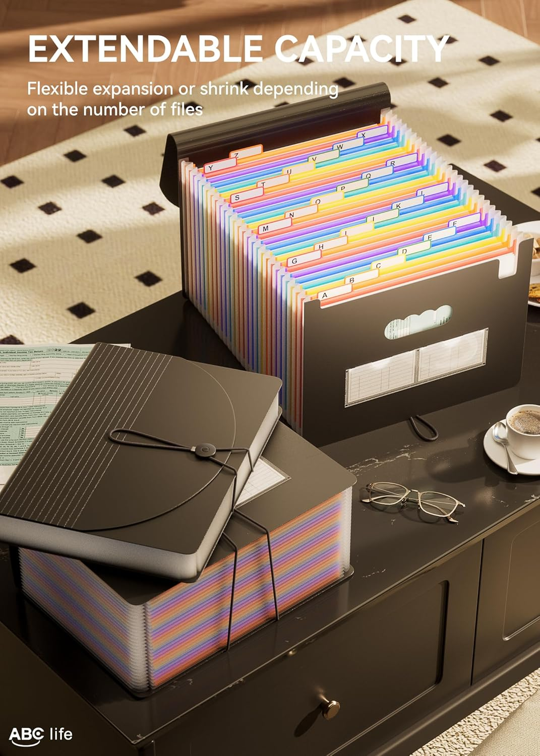 24 Pockets Expanding File Folder with Cover/Accordion File Organizer/A4 Letter Size Portable Expanding Paper Organizer High Capacity Plastic Portable Bag Colored Tab for Business/Office/Filing Box - A 26 Pockets image number 5