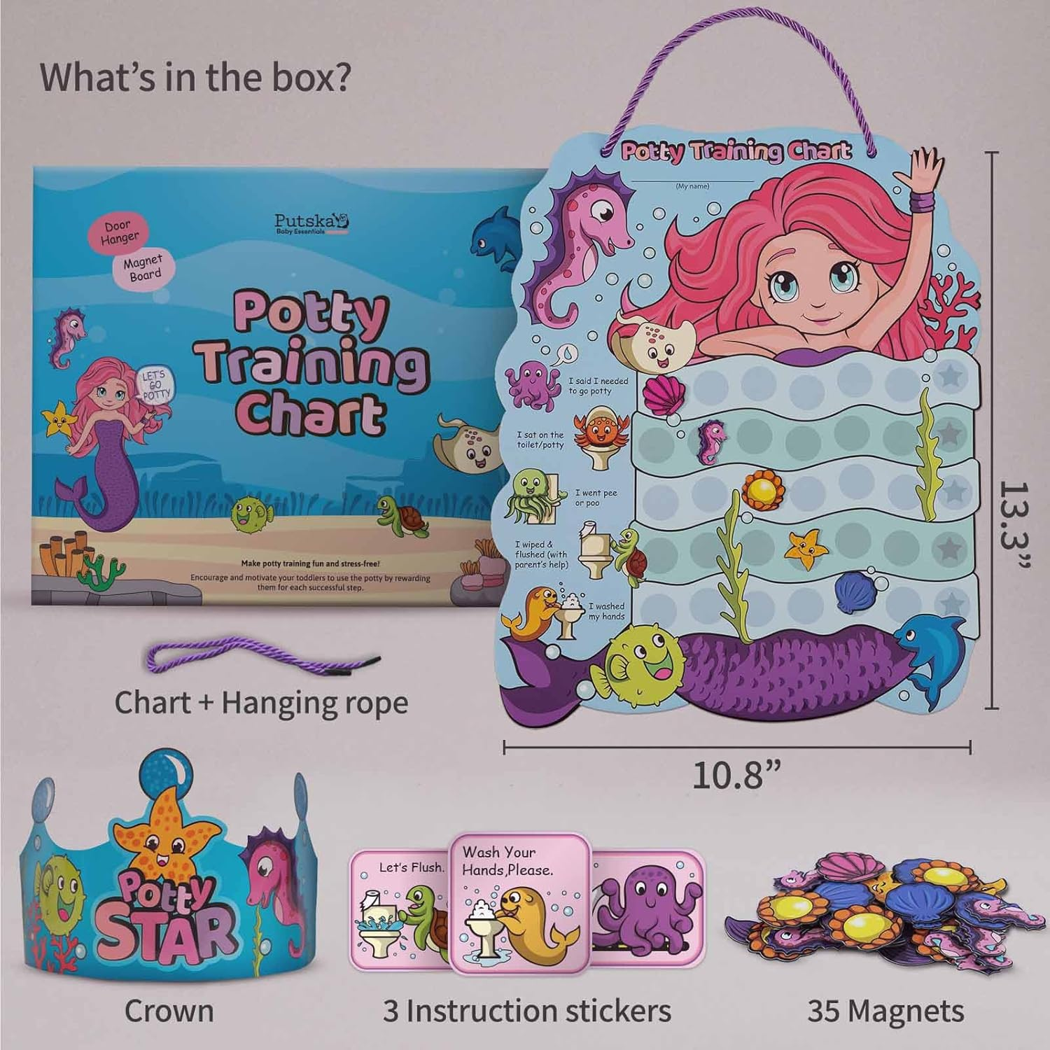 PUTSKA Potty Training Reward Chart for Girls with 35 Reusable Stickers &ndash; Potty Chart for Toddlers Girls - Reward Chart for Kids for Toilet Success - Mermaid image number 5